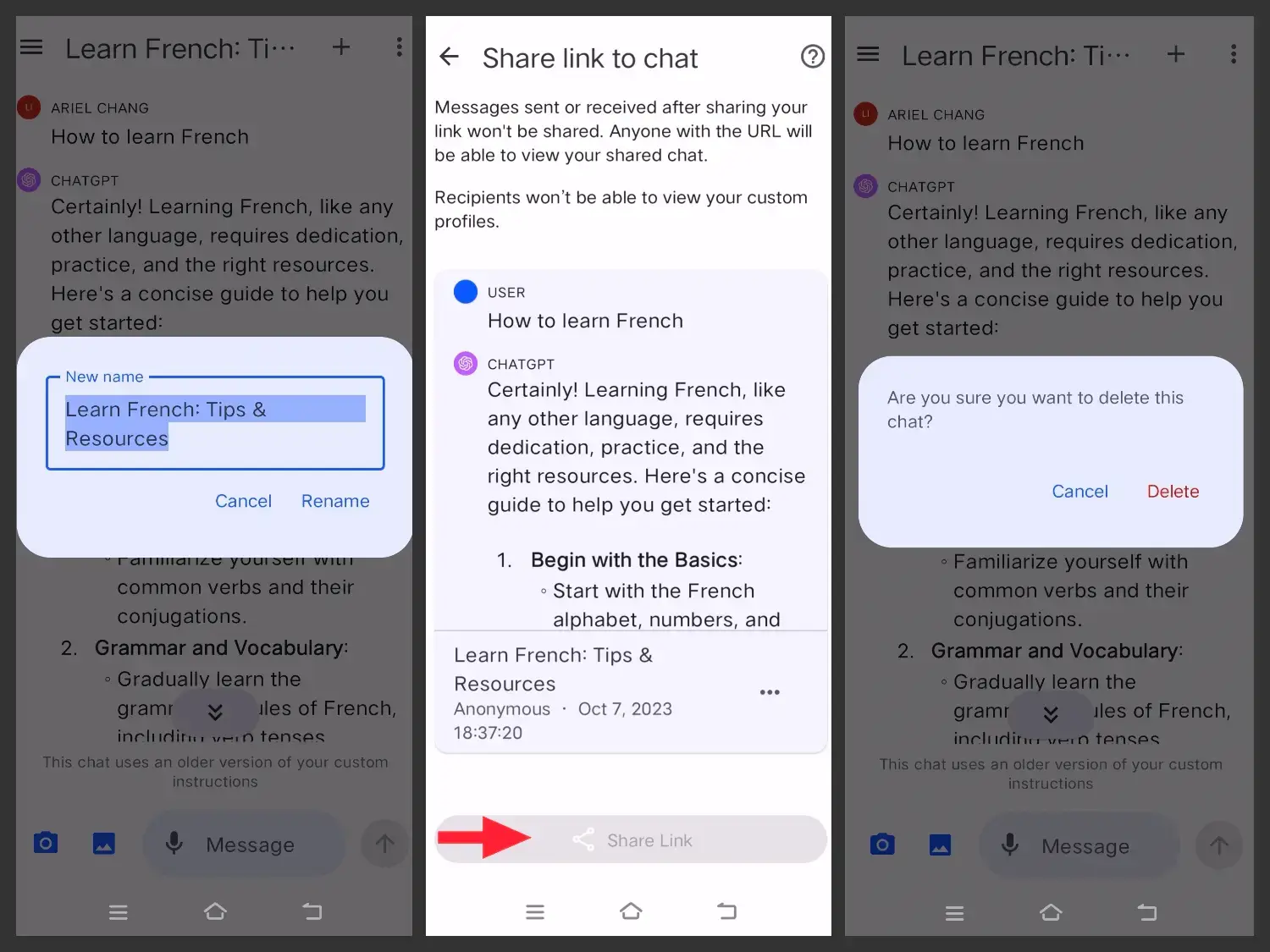 ChatGPT Android Rename Share Delete Chat