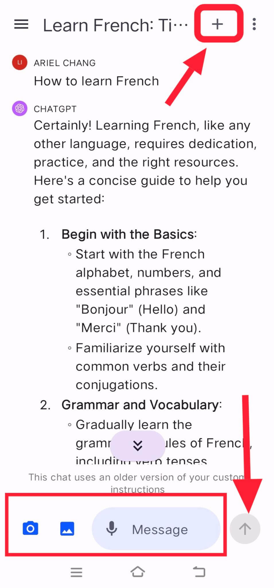 ChatGPT Android Submit Message Bar and New Chat Icon