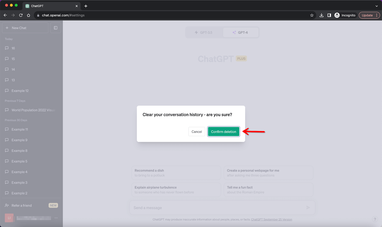 ChatGPT Clear All Chats Confirm Deletion Button