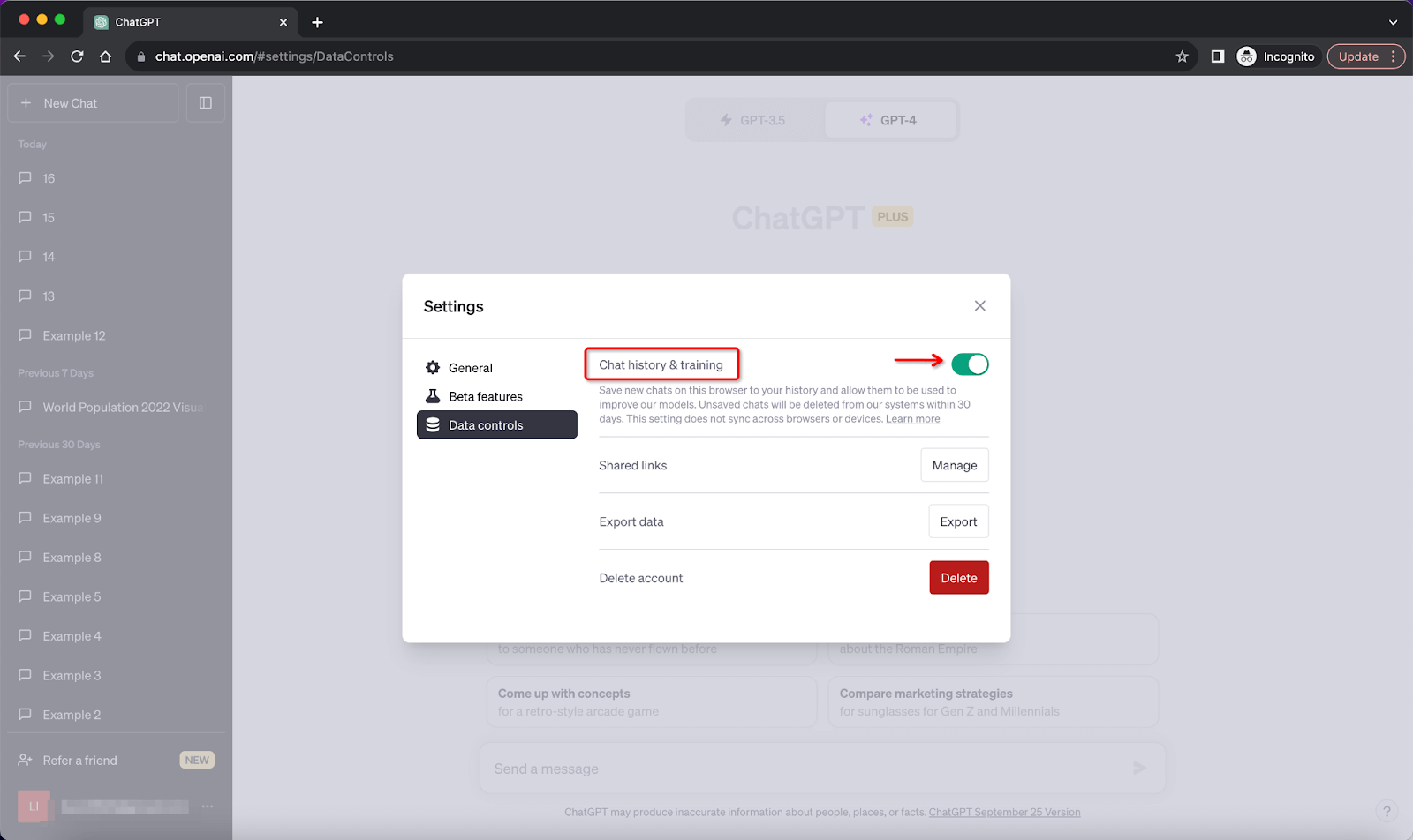ChatGPT Settings and Beta Data Controls Chat History and Traninig On