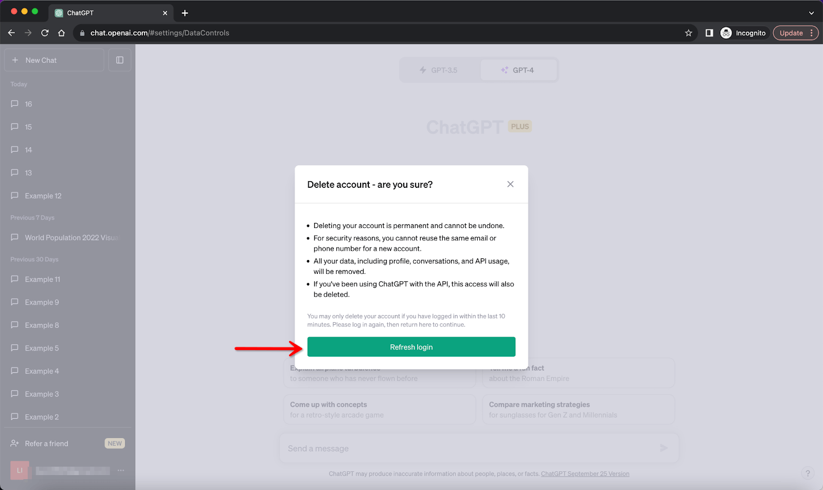 ChatGPT Settings and Beta Data Controls Delete Account Refresh Login