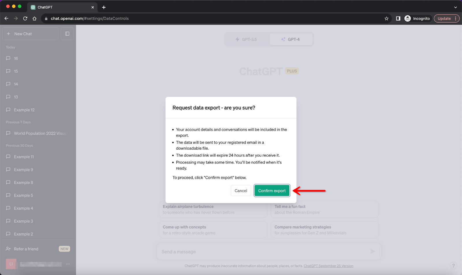 ChatGPT Settings and Beta Data Controls Export Data Confirm Export