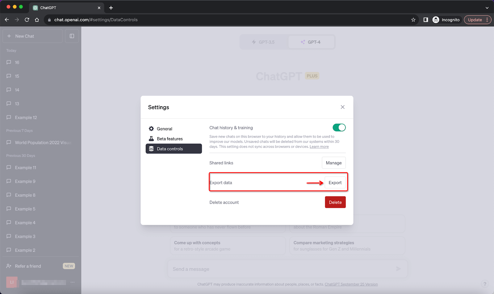 ChatGPT Settings and Beta Data Controls Export Data