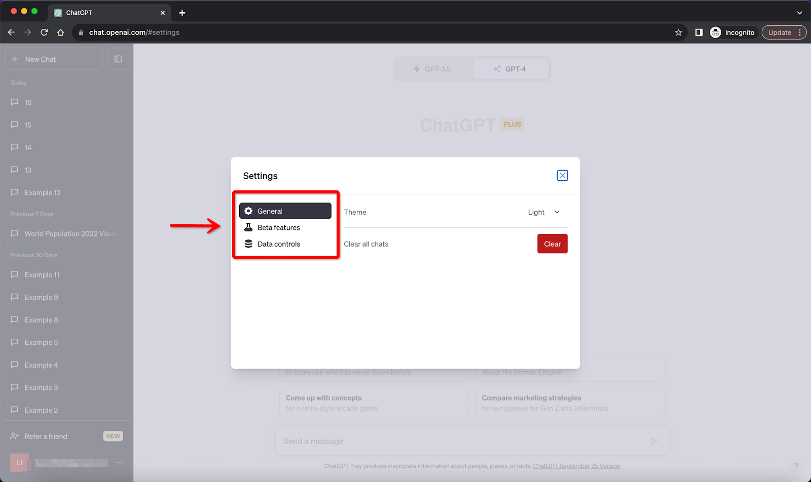 ChatGPT Settings and Beta General Beta Features Data Controls