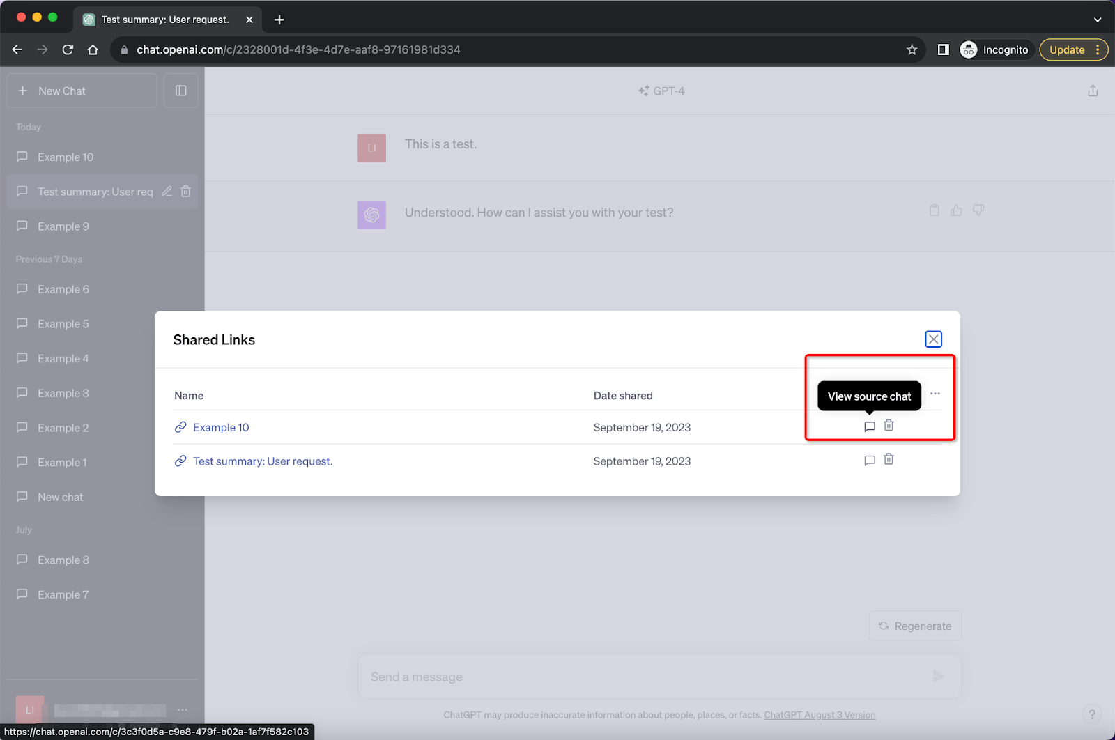 ChatGPT Settings Data Controls Shared Links View Source Chat