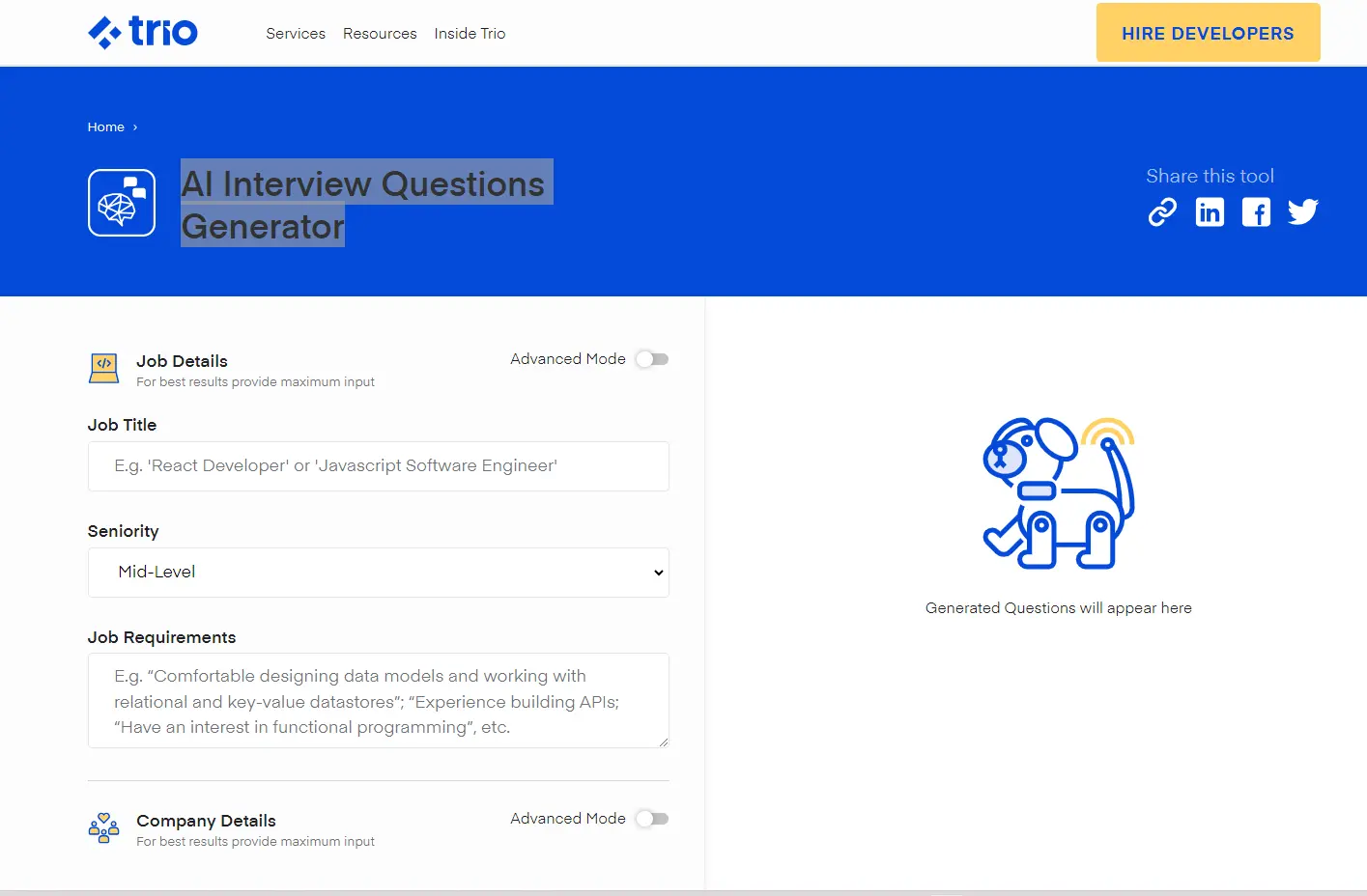Trio AI Interview Questions Generatorwebsite picture