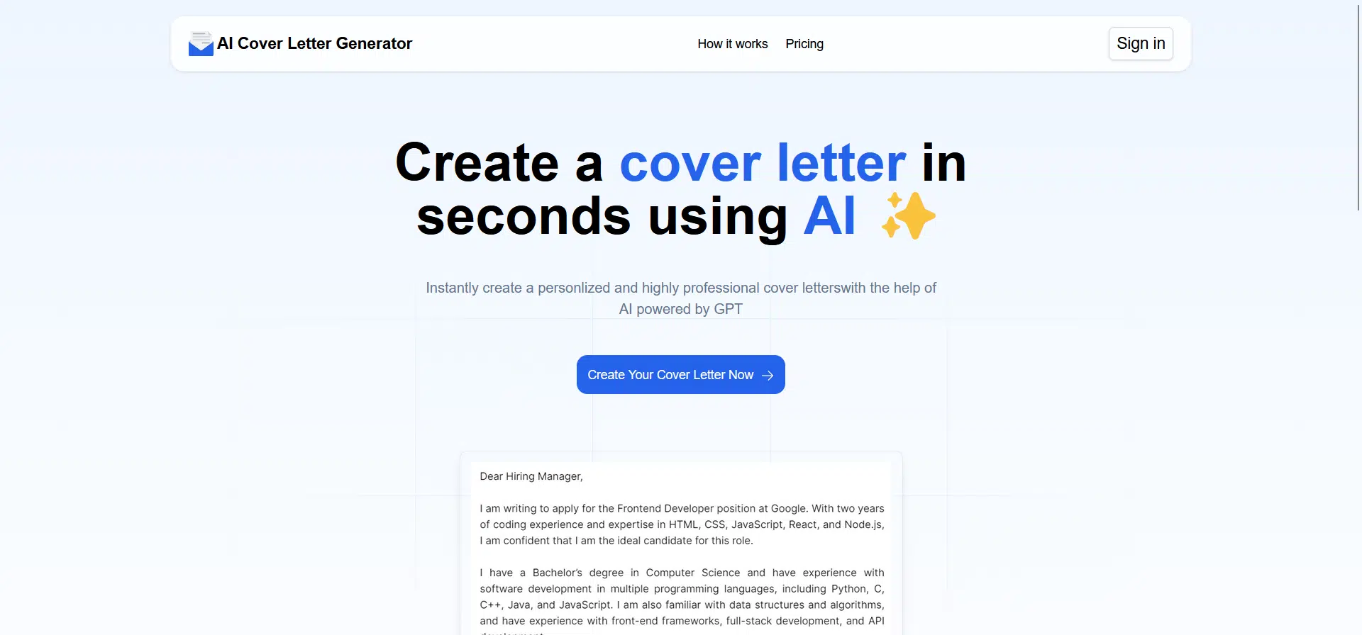 AI Cover Letter Generatorwebsite picture